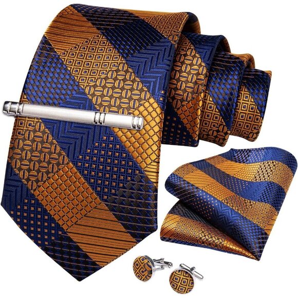 🆕Men Blue Plaid Silk Checkered Necktie Pocket Square Cufflinks Tie Clip Set - Picture 3 of 6